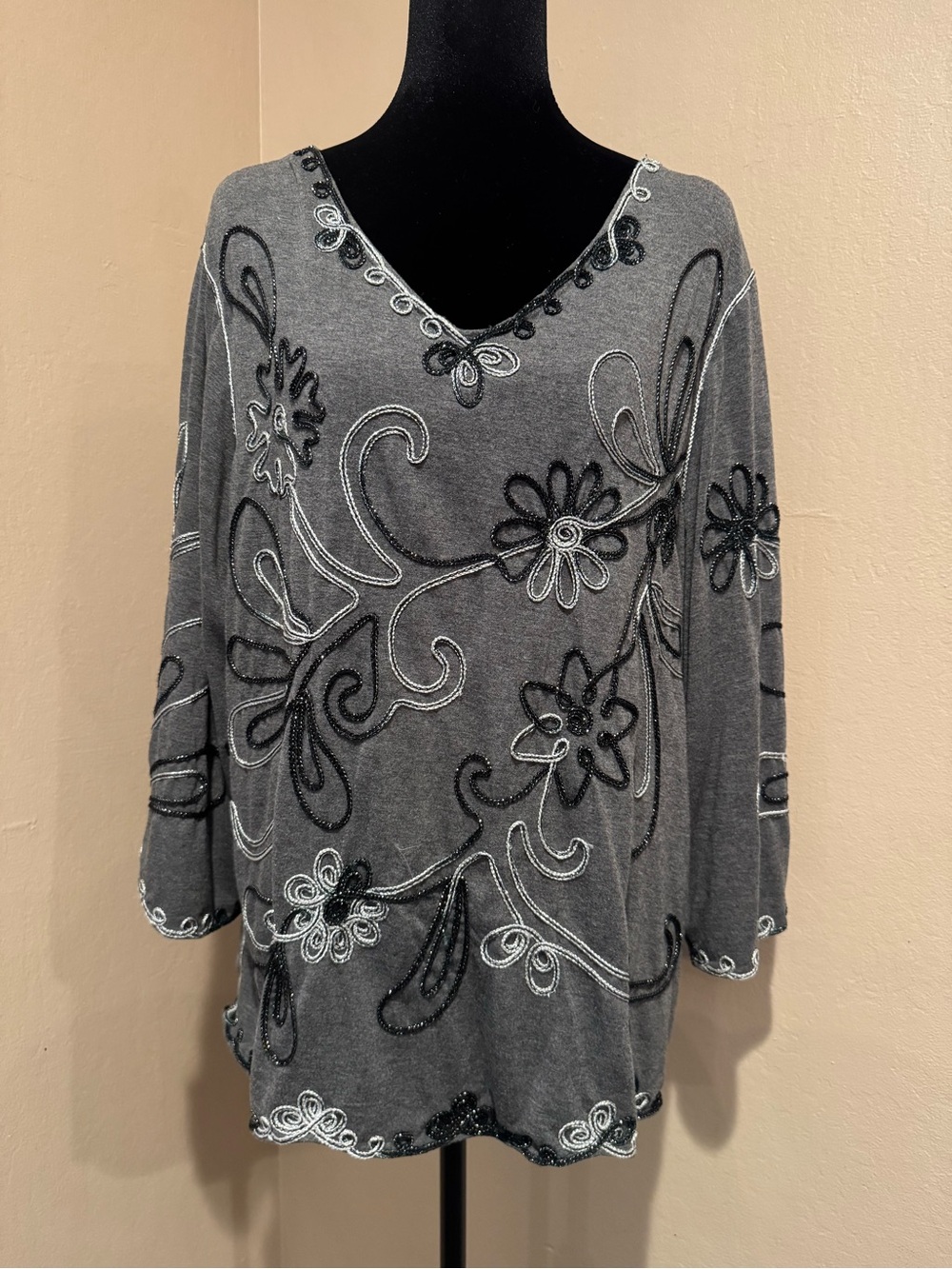 Soft Gray V-Neck Blouse with Black and Silver Sparkle Thread Embroidered Flowers